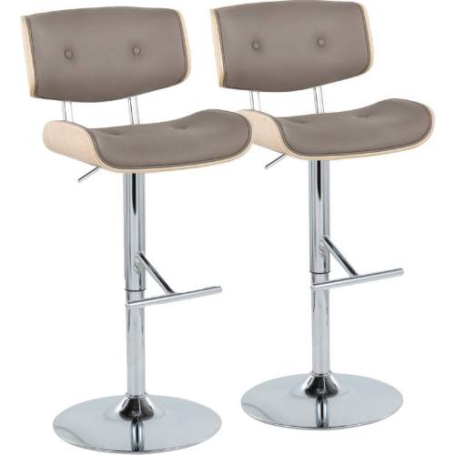 Lombardi Adjustable Swivel Bar Stool in Chrome, Natural Wood & Light Grey Leatherette (Set of 2)